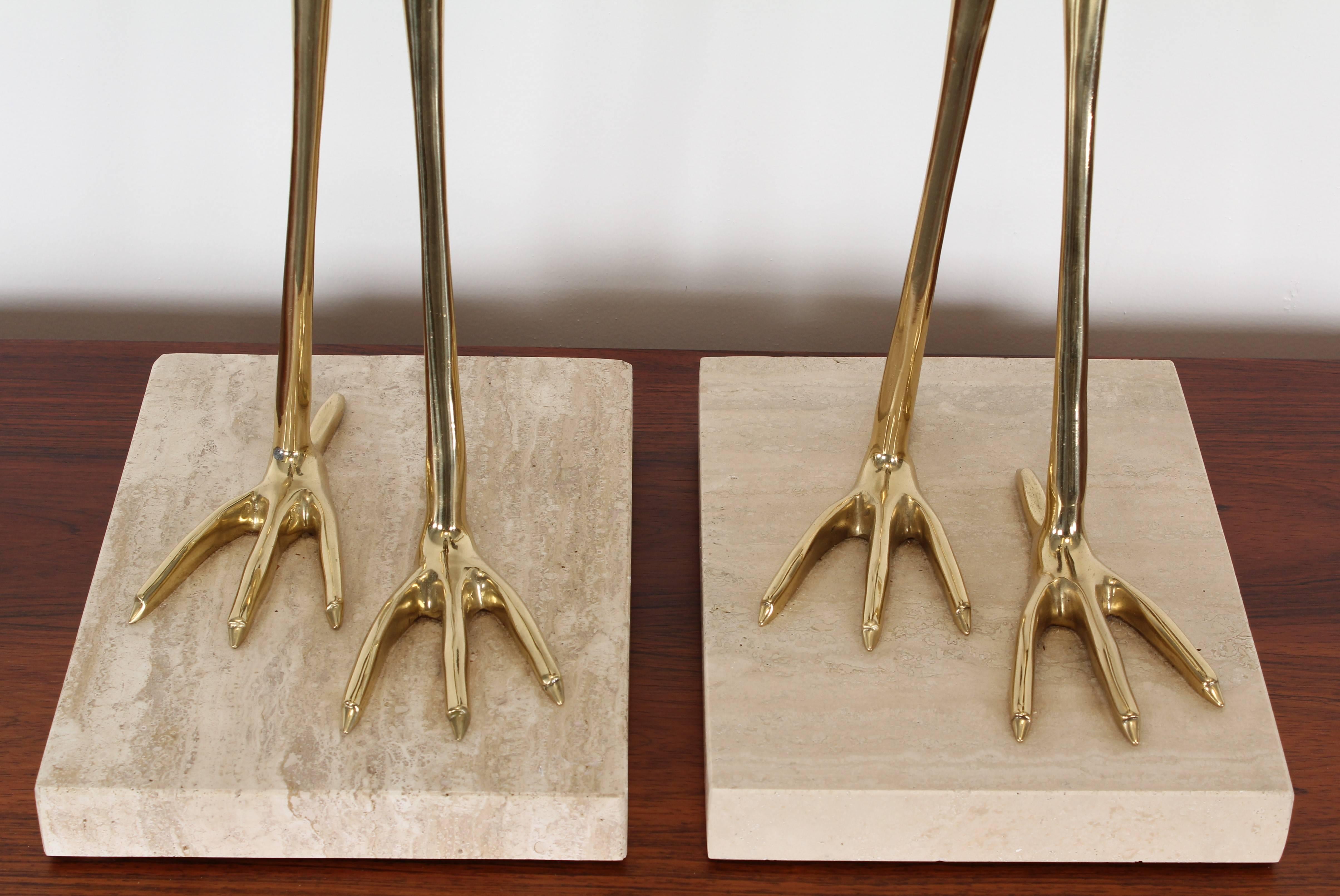 Brass Pair of Large Italian Antonio Pavia Style Cranes or Egrets on Marble Base, 1980s