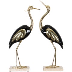 Pair of Large Italian Antonio Pavia Style Cranes or Egrets on Marble Base, 1980s