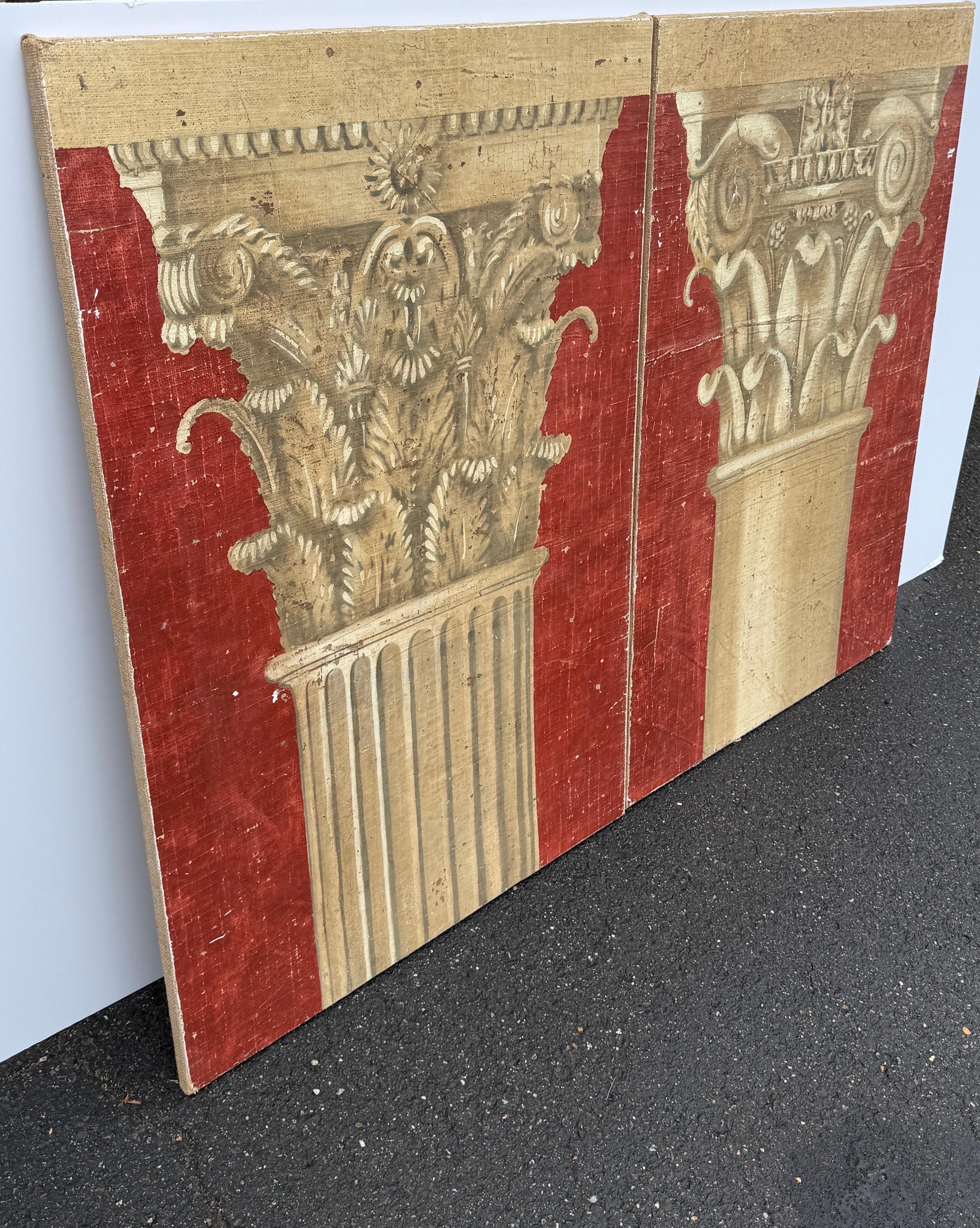 Paar große italienische architektonische Säulen-Wandtafel-Kunstwerke (Leinwand) im Angebot