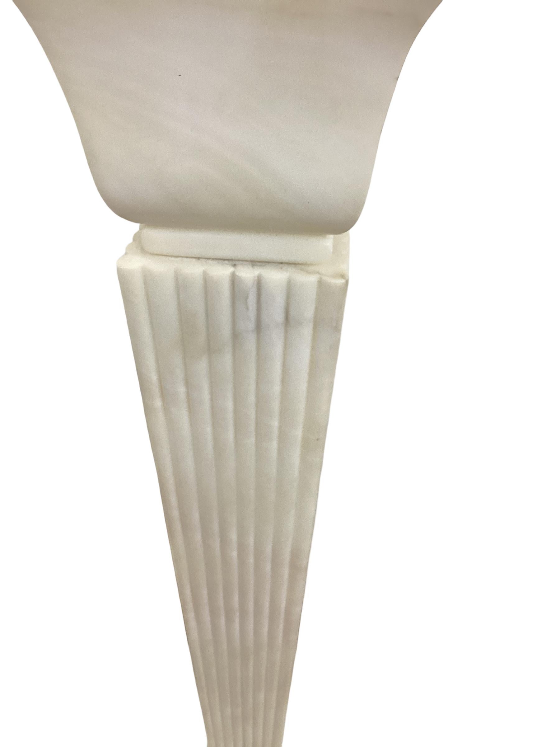 Pair of Large Italian Art Deco Alabaster Reeded Column Lamps  For Sale 6