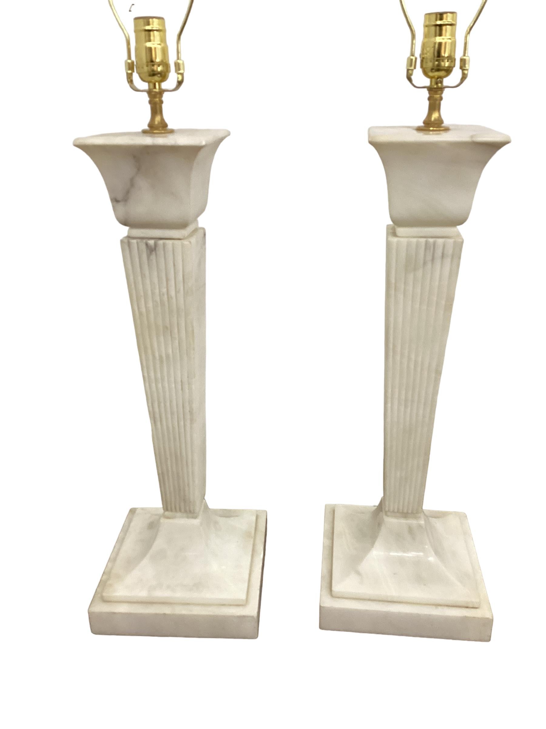 Pair of Large Italian Art Deco Alabaster Reeded Column Lamps  In Good Condition For Sale In Chapel Hill, NC