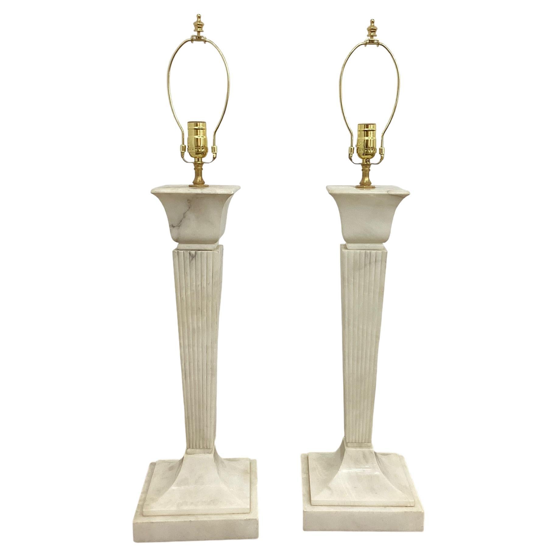 Pair of Large Italian Art Deco Alabaster Reeded Column Lamps  For Sale
