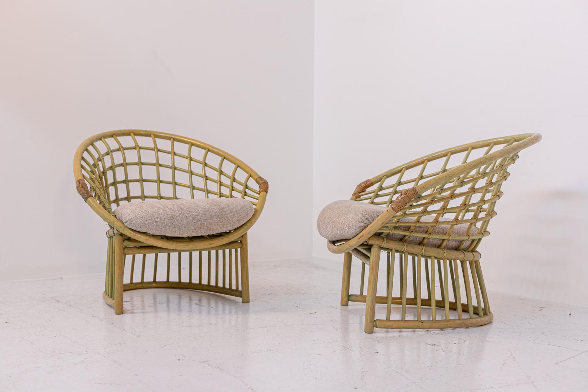 Post-Modern Pair of Large Italian Bamboo and Rattan Armchairs