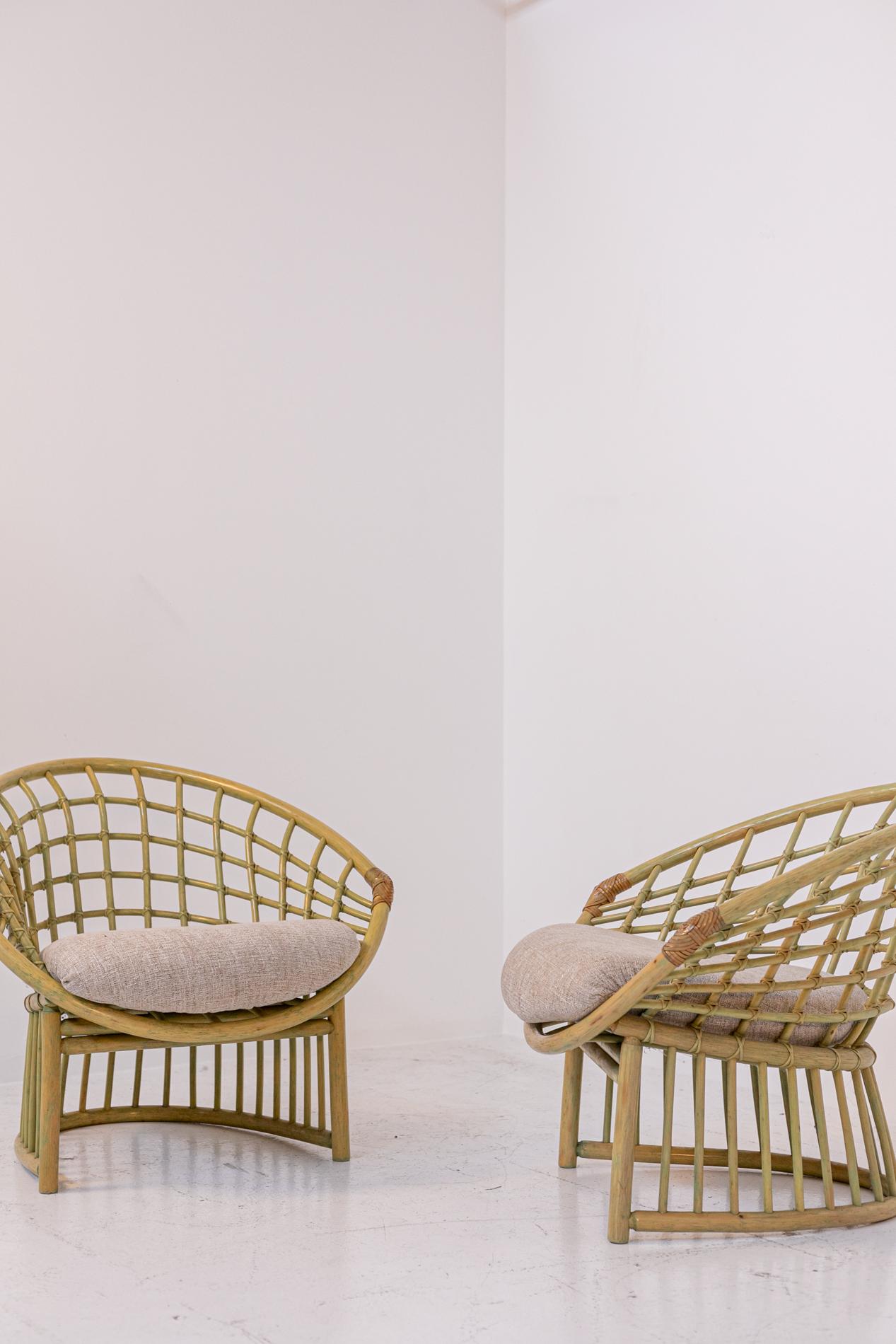 Late 20th Century Pair of Large Italian Bamboo and Rattan Armchairs