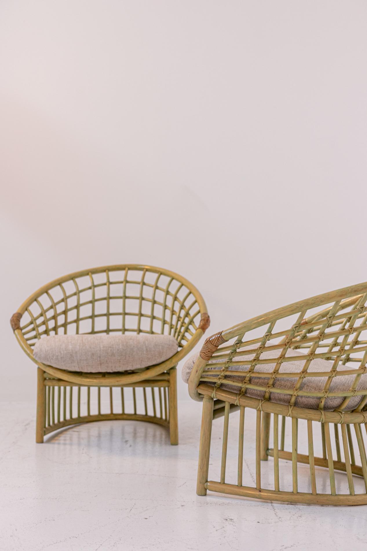 Fabric Pair of Large Italian Bamboo and Rattan Armchairs