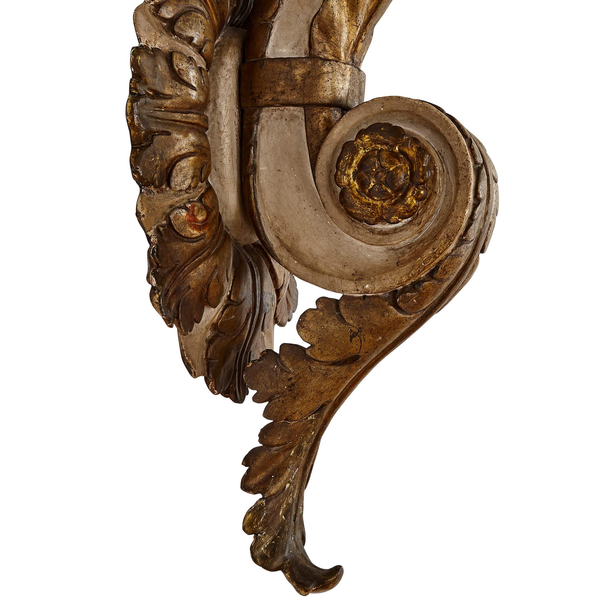 Wood Pair of Large Italian Baroque Style Carved Giltwood Sconces For Sale