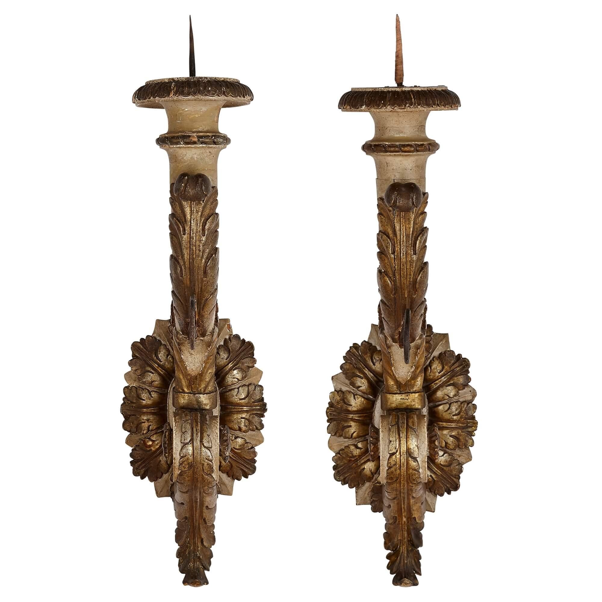 Pair of Large Italian Baroque Style Carved Giltwood Sconces