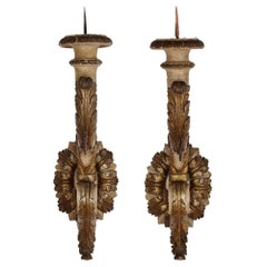 Antique Pair of Large Italian Baroque Style Carved Giltwood Sconces