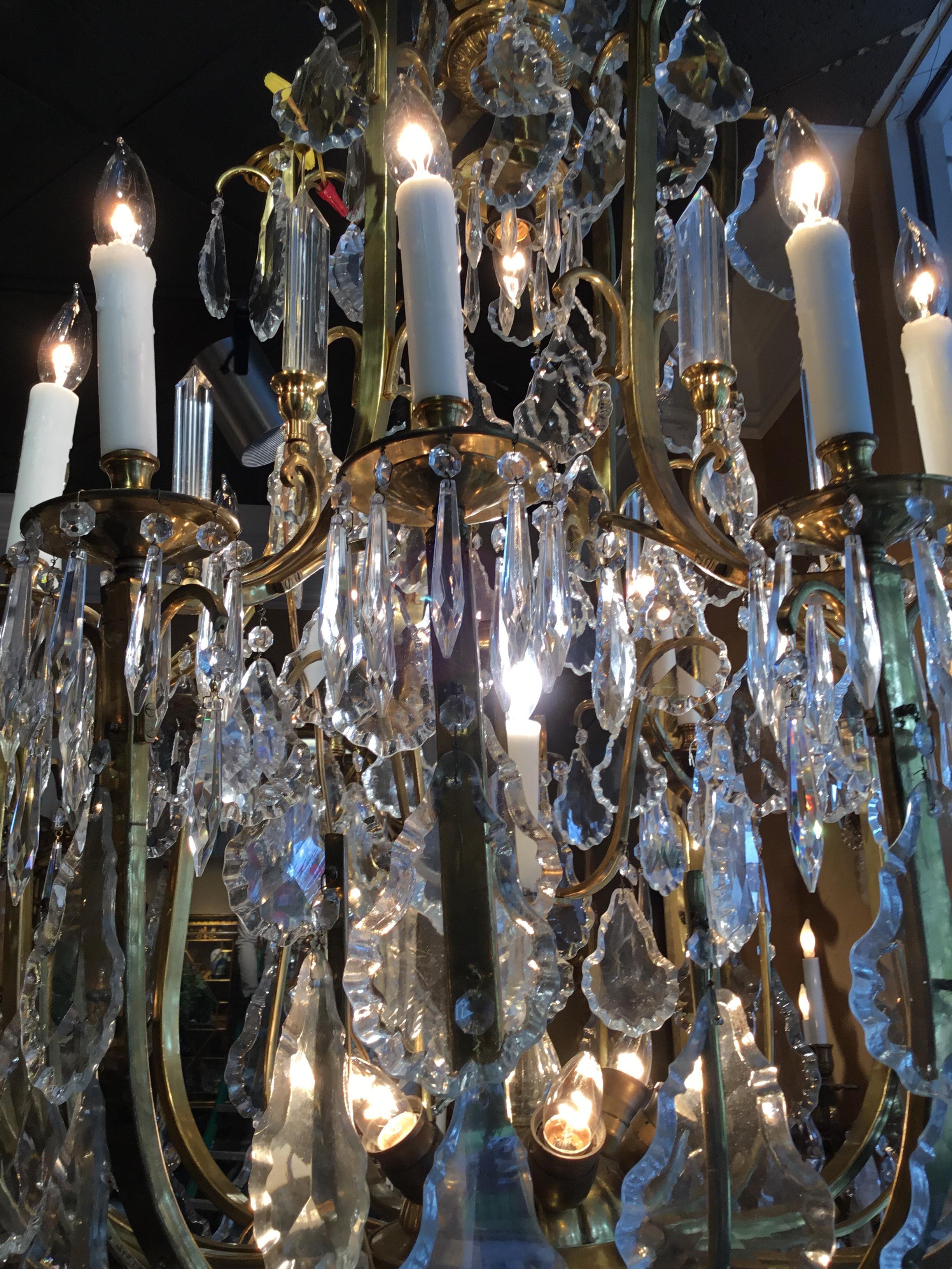 Pair of Large Italian Bronze and Crystal Chandeliers with 20 Lights For Sale 7