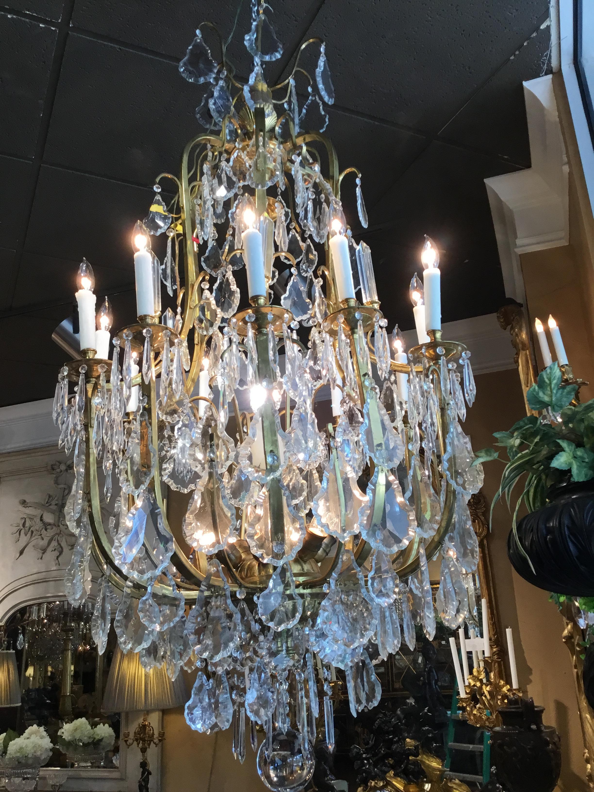 Pair of Large Italian Bronze and Crystal Chandeliers with 20 Lights For Sale 8