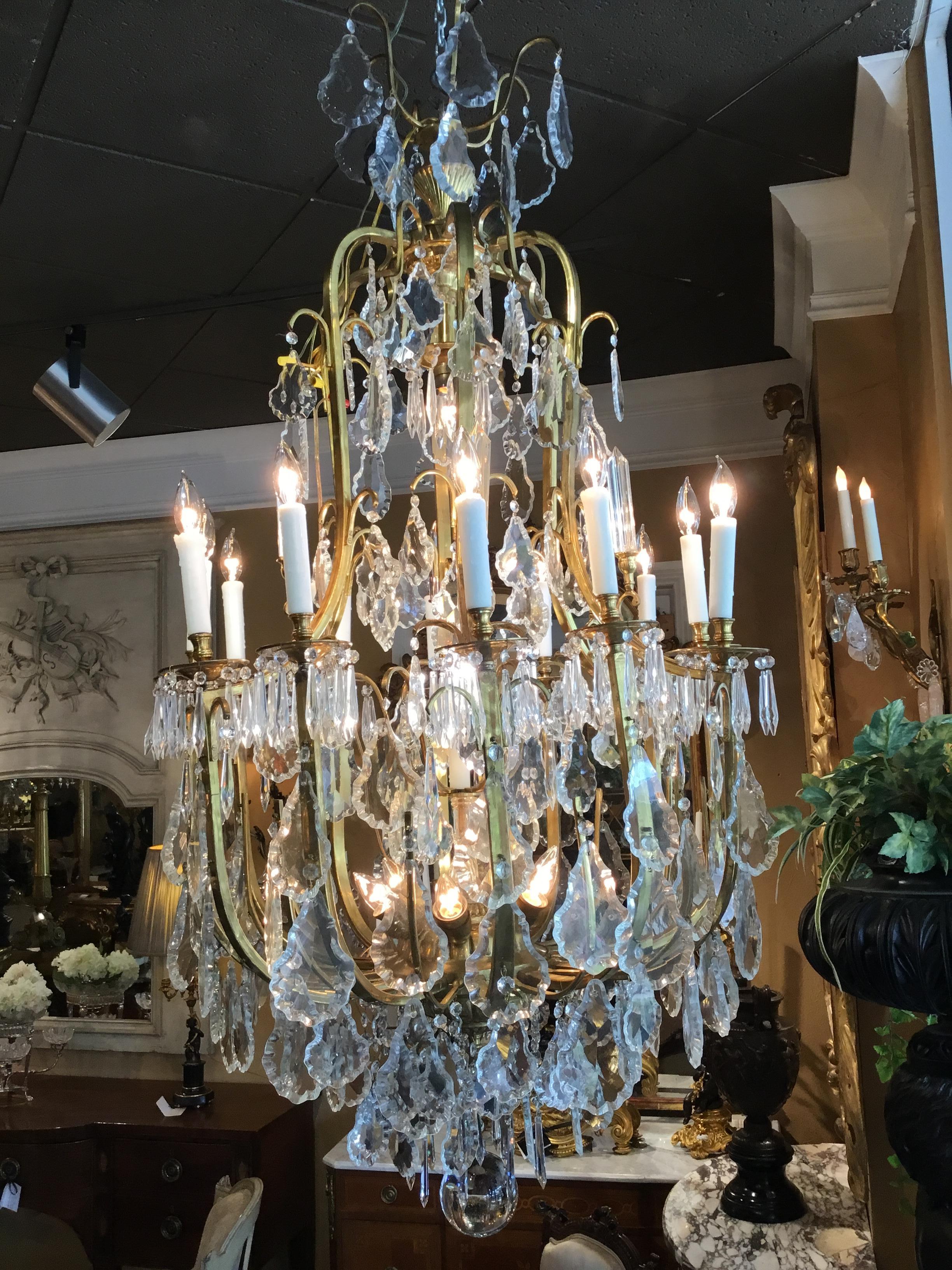 Pair of Large Italian Bronze and Crystal Chandeliers with 20 Lights For Sale 10