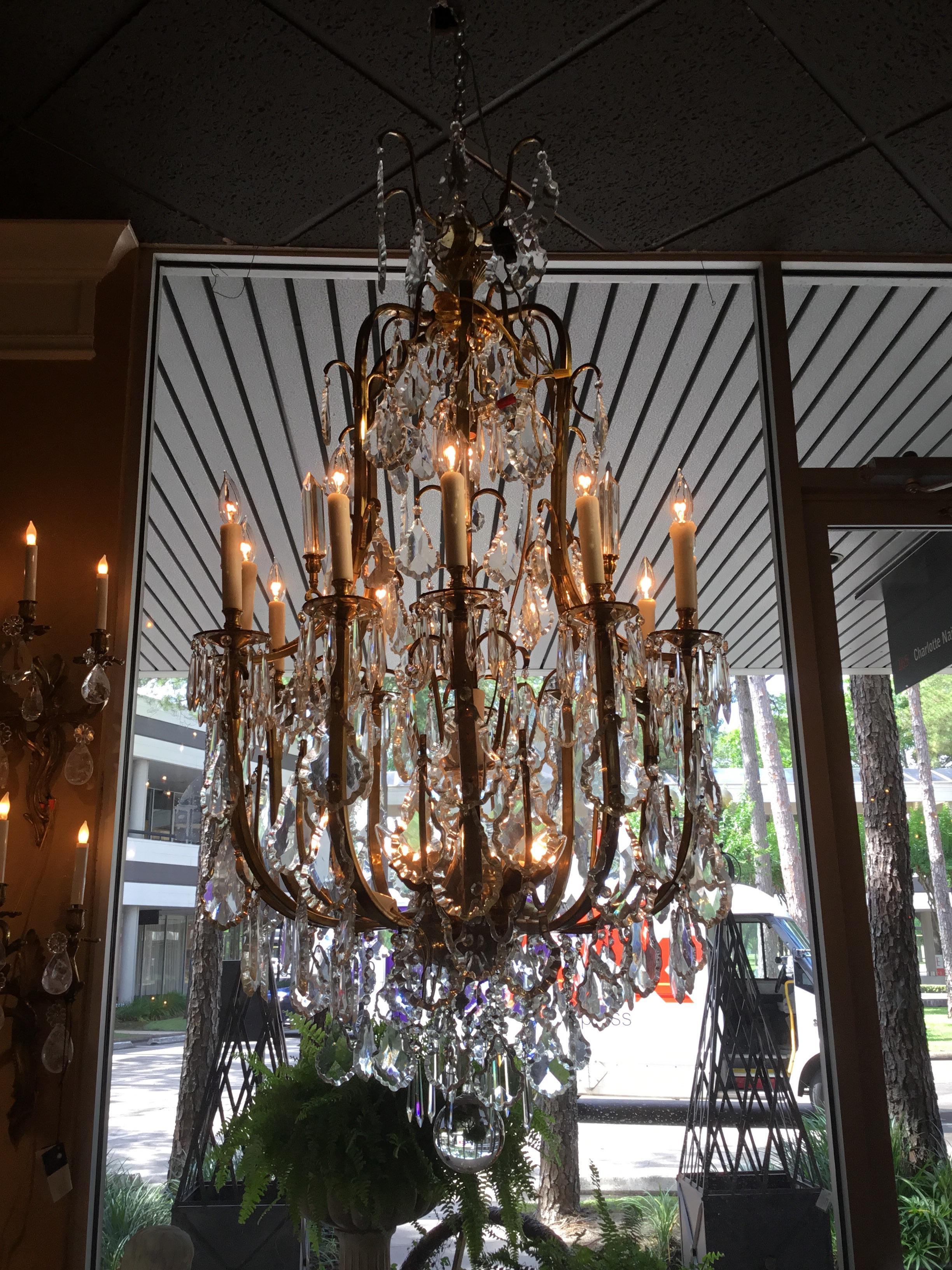 Pair of Large Italian Bronze and Crystal Chandeliers with 20 Lights For Sale 11