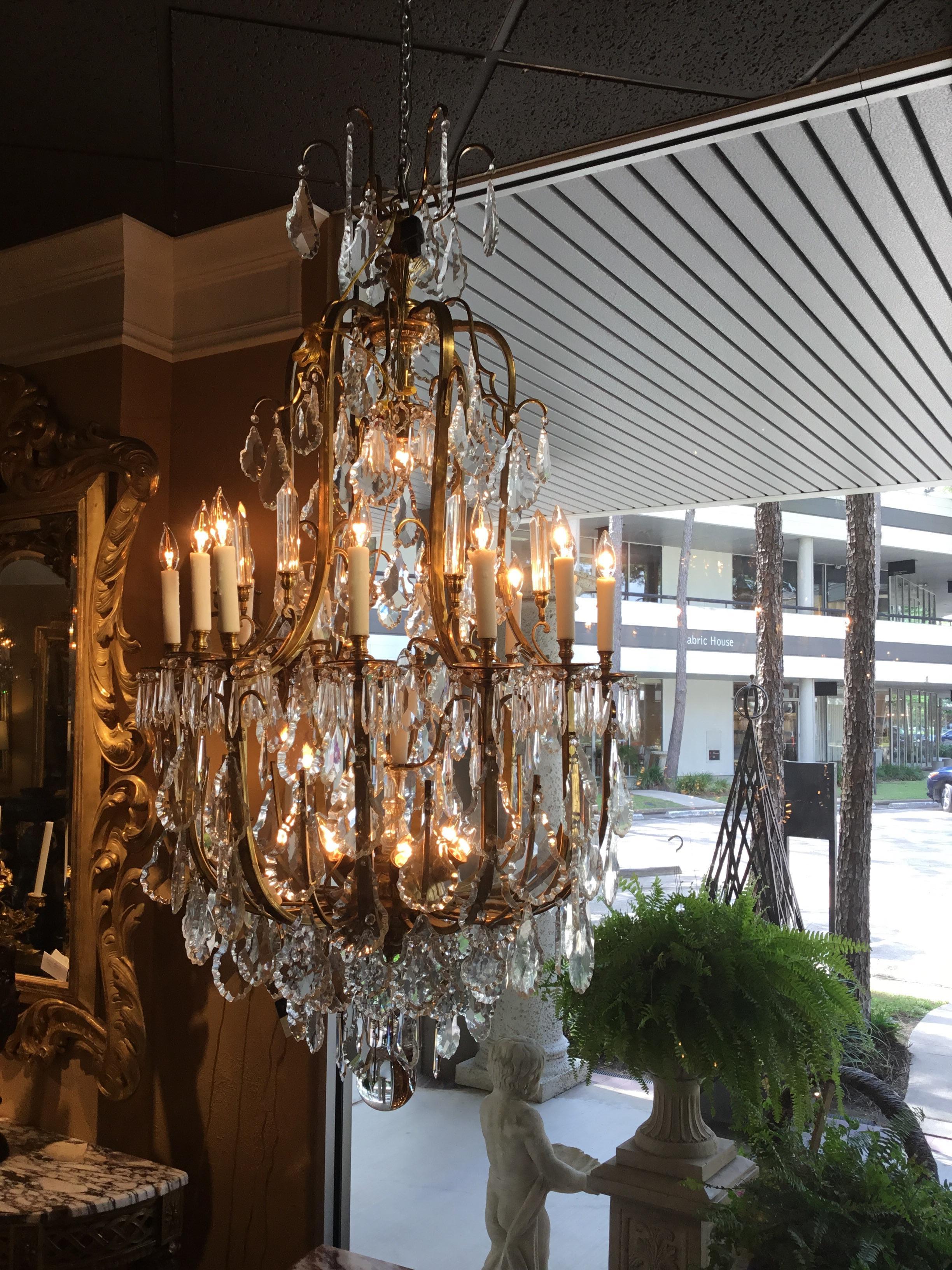 Pair of Large Italian Bronze and Crystal Chandeliers with 20 Lights For Sale 12
