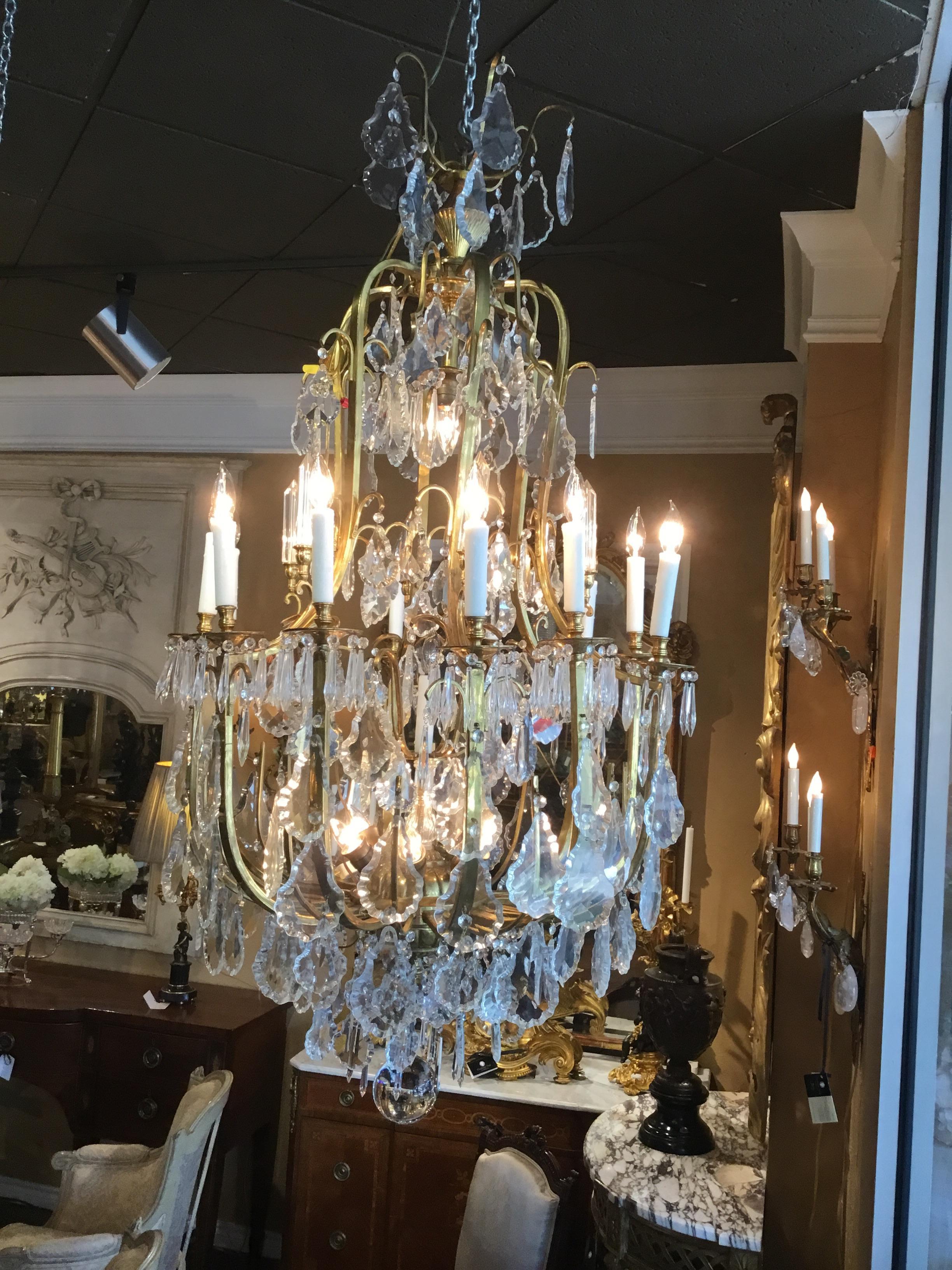 Pair of Large Italian Bronze and Crystal Chandeliers with 20 Lights For Sale 13