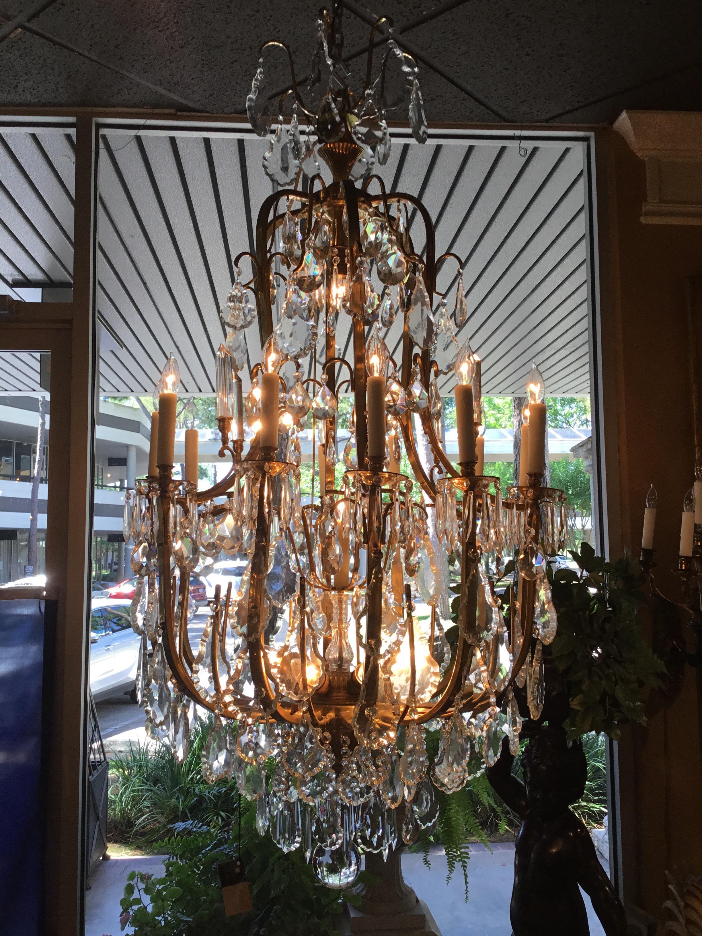 Pair of Large Italian Bronze and Crystal Chandeliers with 20 Lights For Sale 14