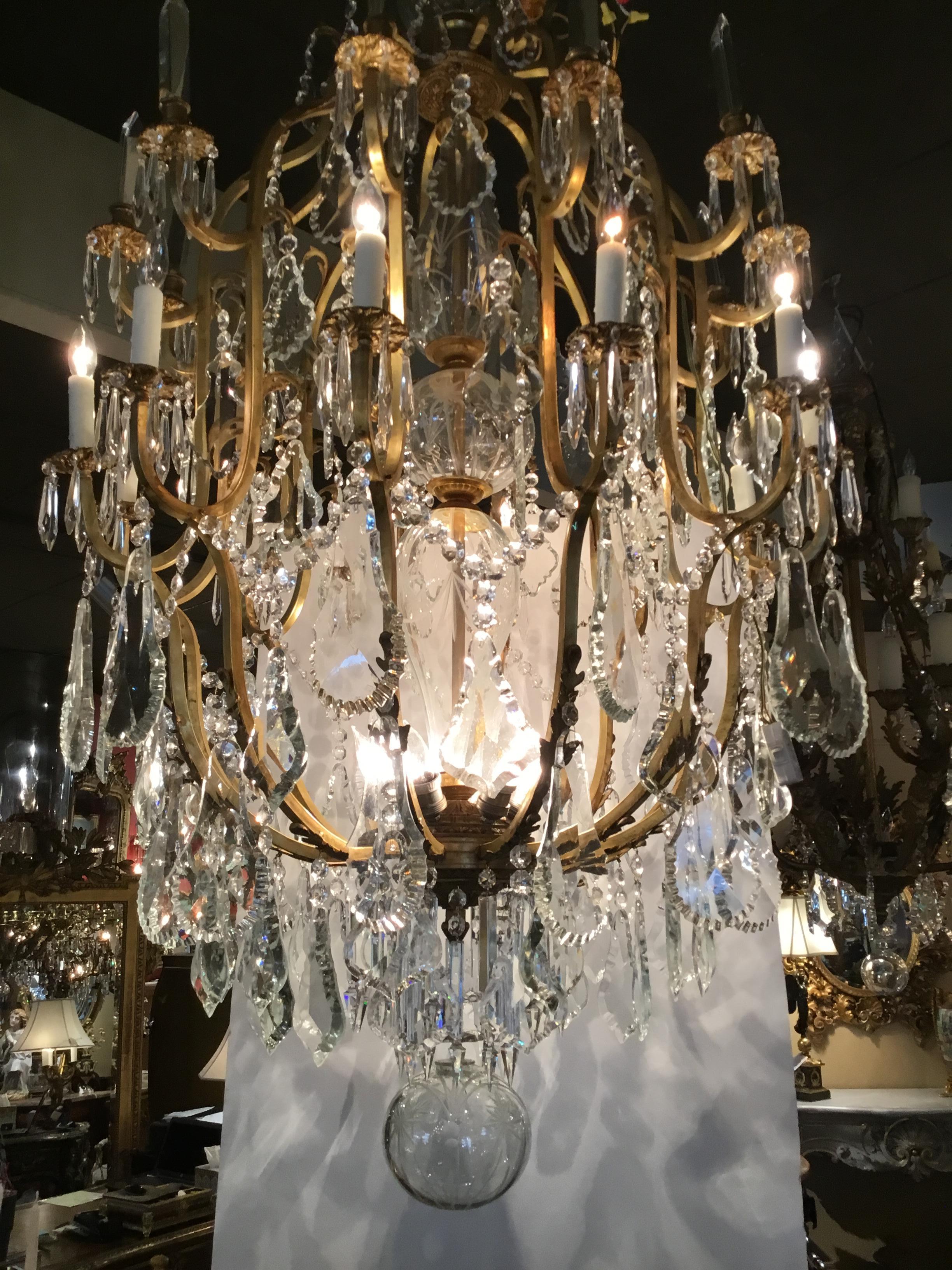 Beaux Arts Pair of Large Italian Bronze and Crystal Chandeliers with 20 Lights For Sale