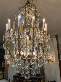 Pair of Large Italian Bronze and Crystal Chandeliers with 20 Lights