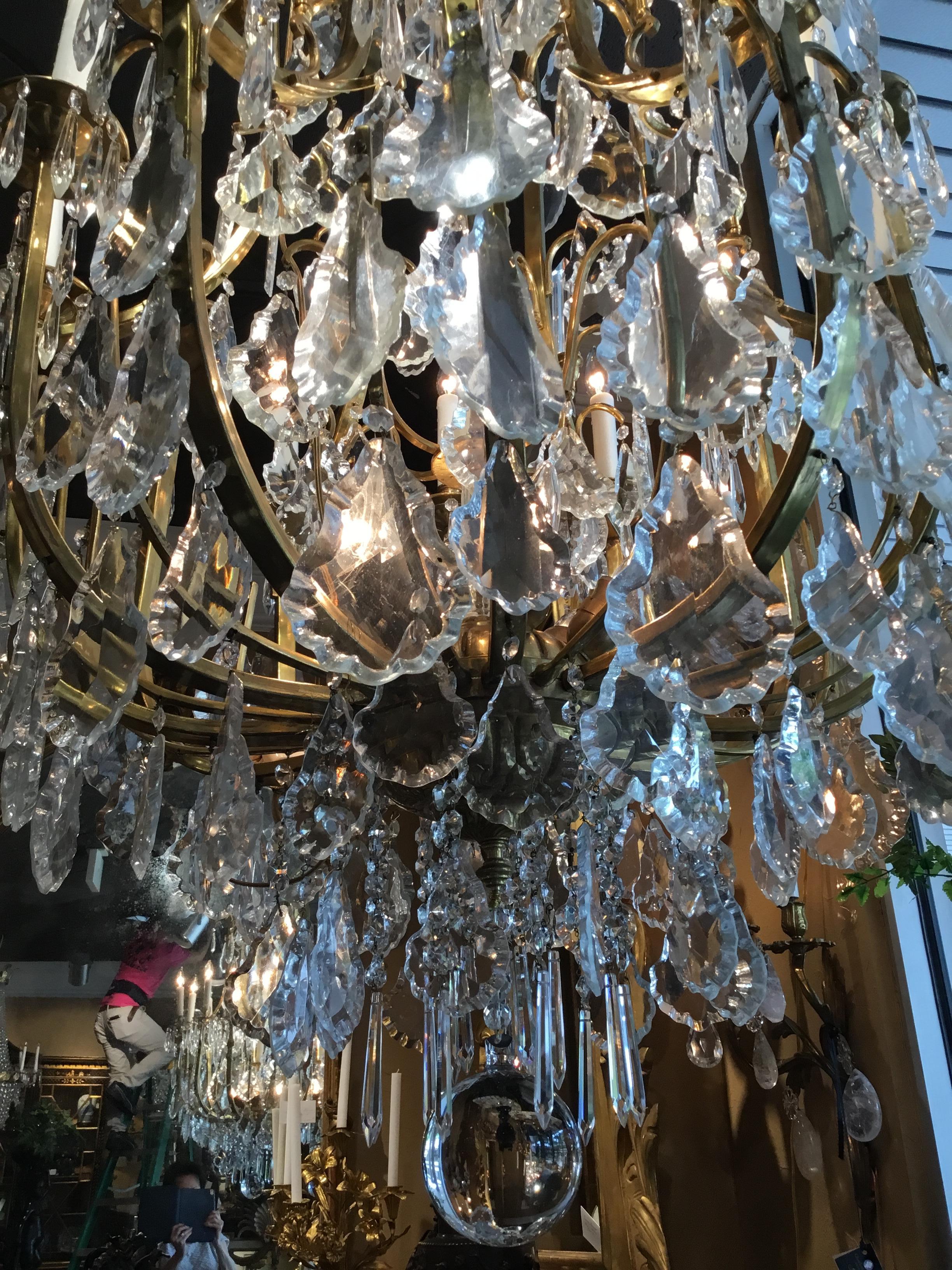 Pair of Large Italian Bronze and Crystal Chandeliers with 20 Lights In Good Condition For Sale In Houston, TX