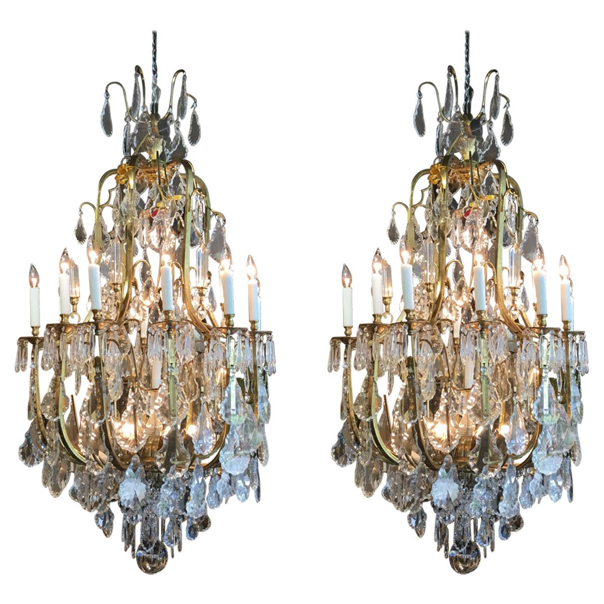 Pair of Large Italian Bronze and Crystal Chandeliers with 20 Lights