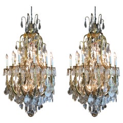 Antique Pair of Large Italian Bronze and Crystal Chandeliers with 20 Lights