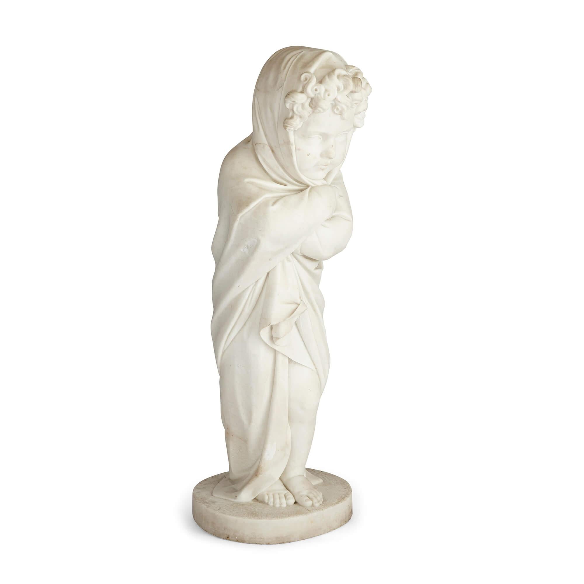 Pair of large Italian carrara marble putti sculptures by Stampanoni
Italian, late 19th century
Boy: height 89cm, width 31cm, depth 25cm
Girl: height 83cm, width 31cm, depth 33cm

This pair of fine carrara marble sculptures depict a pair of