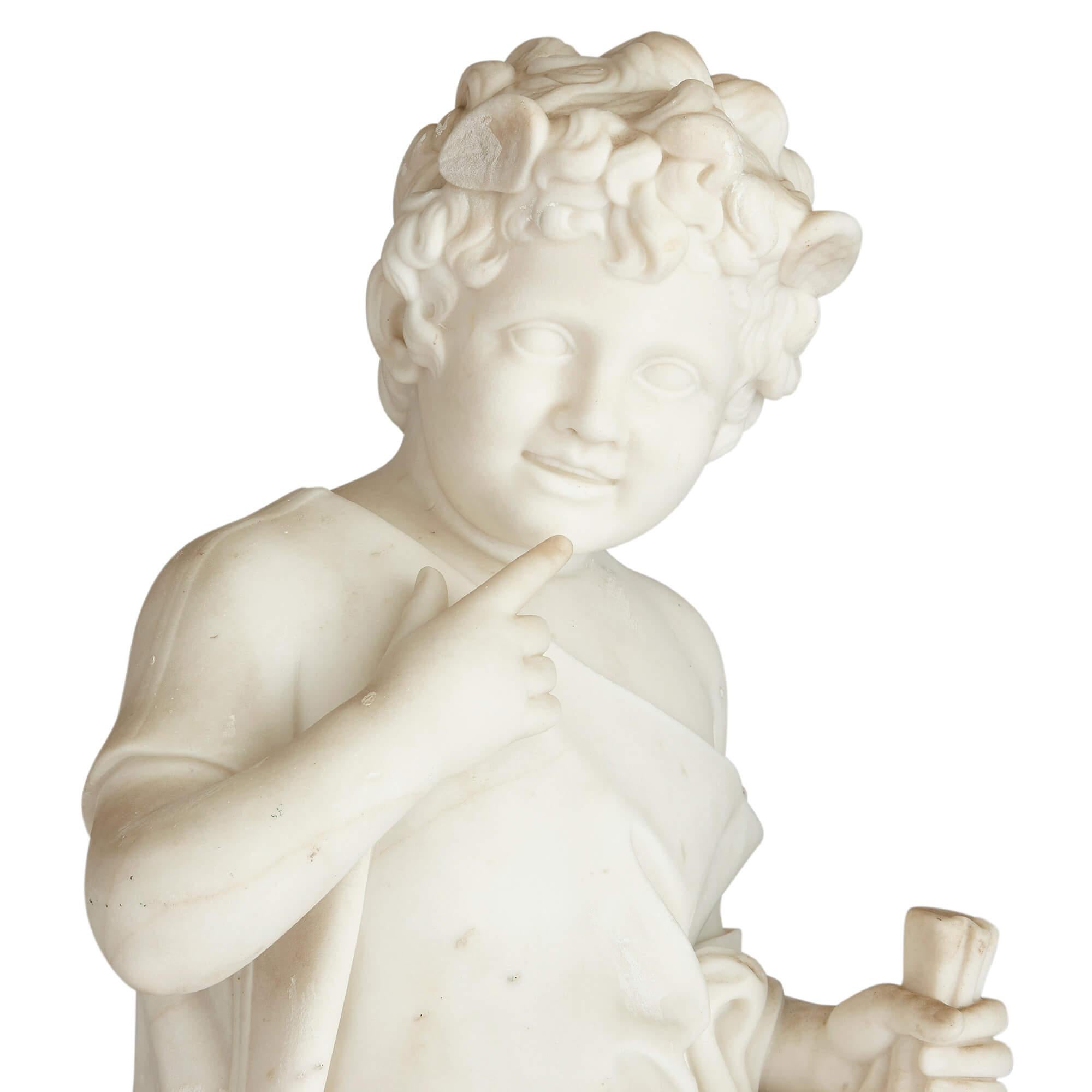 19th Century Pair of Large Italian Carrara Marble Putti Sculptures by Stampanoni For Sale