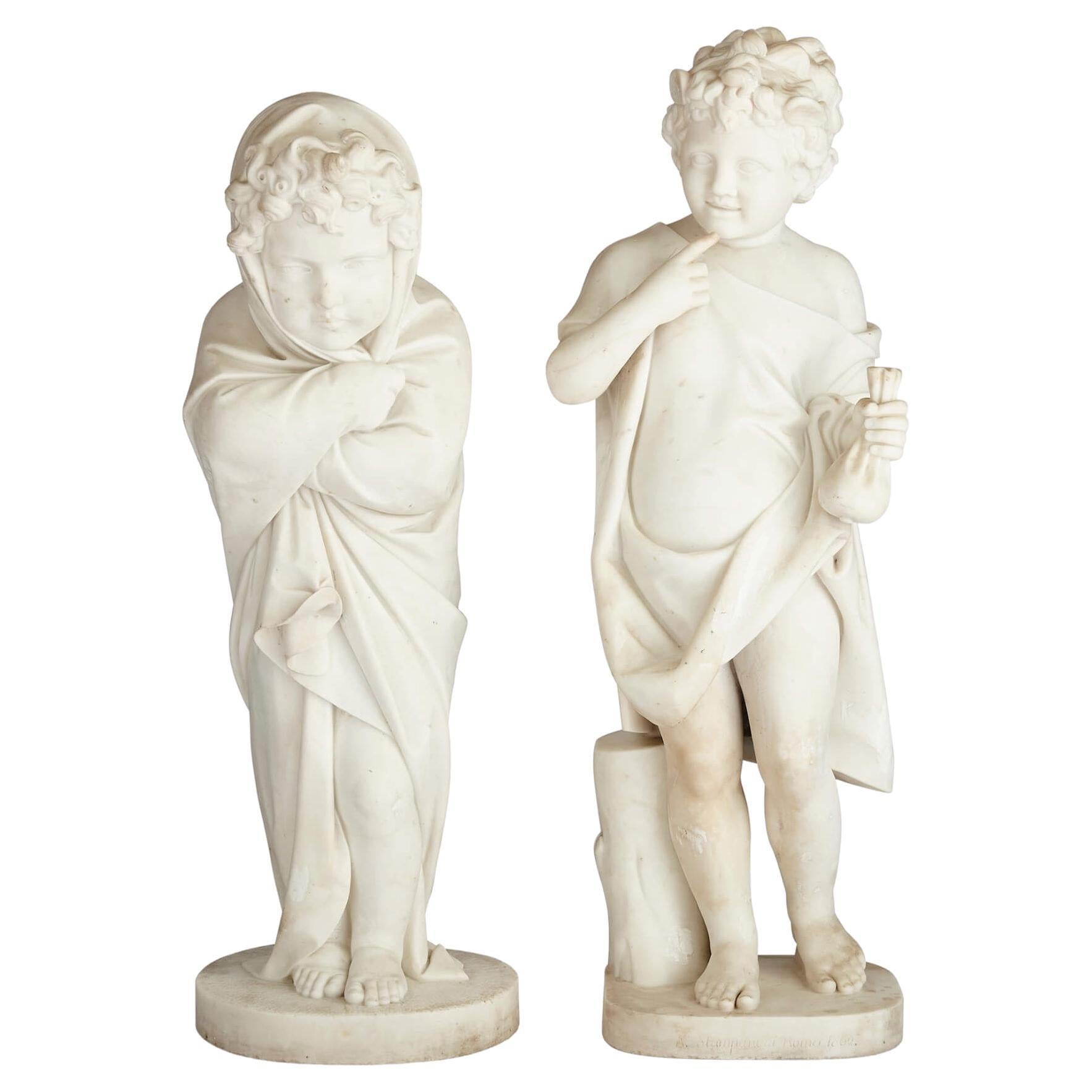 Pair of Large Italian Carrara Marble Putti Sculptures by Stampanoni For Sale
