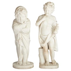 Pair of Large Italian Carrara Marble Putti Sculptures by Stampanoni
