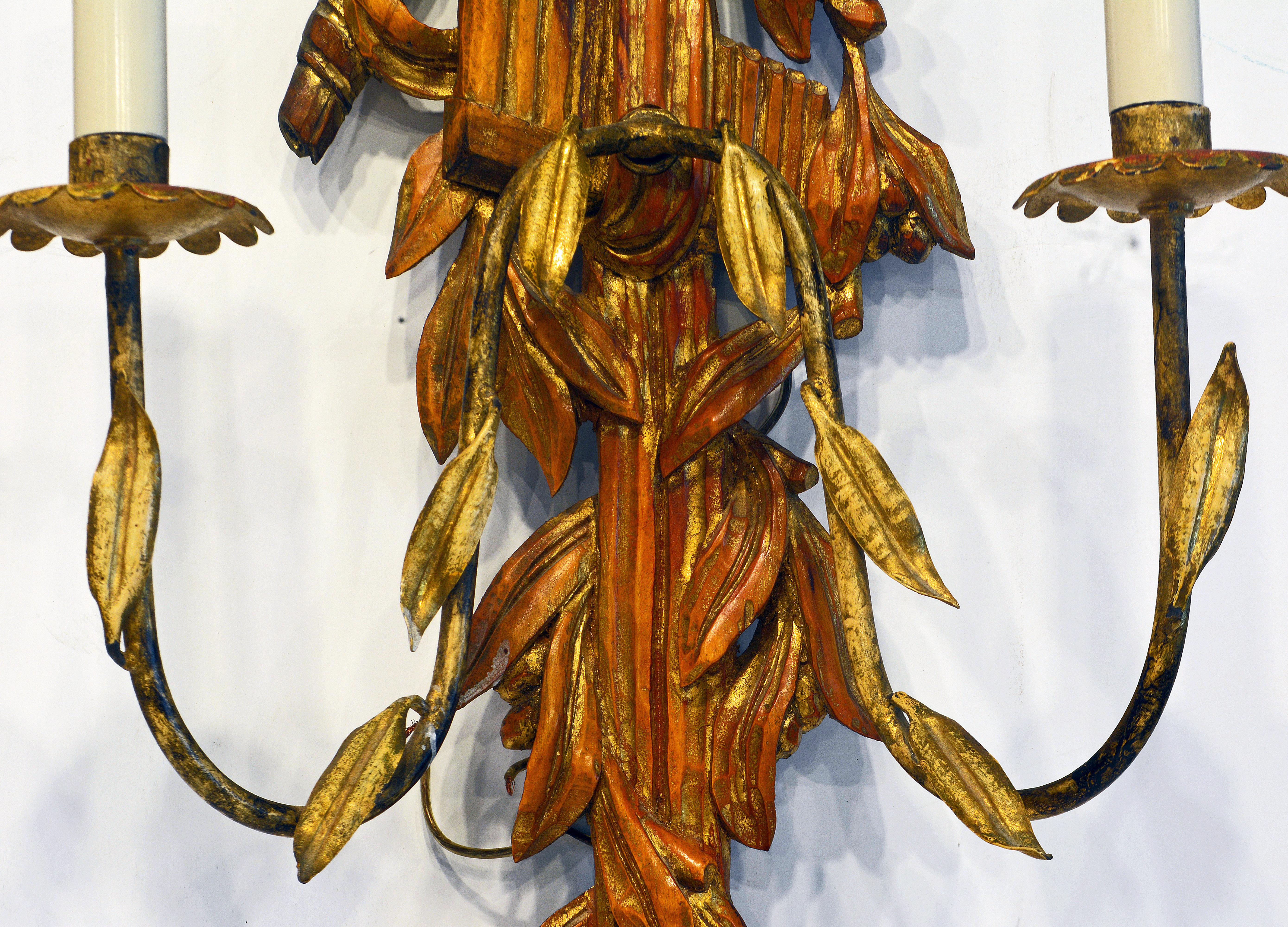 Hand-Carved Pair of Large Italian Carved Gilt and Wood Two Arm Musical Themed Wall Sconces