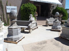 Pair of Large Italian Carved Limestone Acorn Finials on Octagonal Plinths