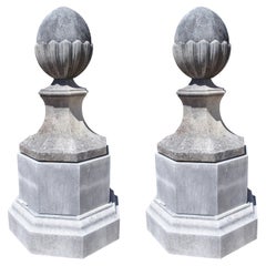 Paire de grands fleurons à glands en pierre calcaire sculptée italienne sur socles octogonaux