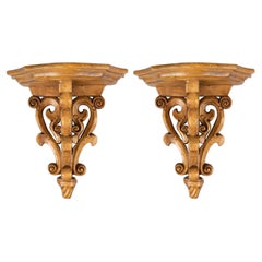 Pair of Large Italian Carved Oak Wall Brackets Shelves