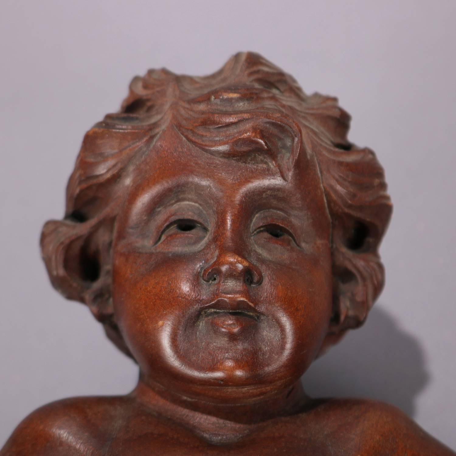 Victorian Pair of Large Italian Carved Walnut Figural Wall Sculptures of Cherubs