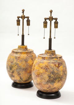 Pair of Large Italian Ceramic Lamps with a "Scavo" Glazed Finish