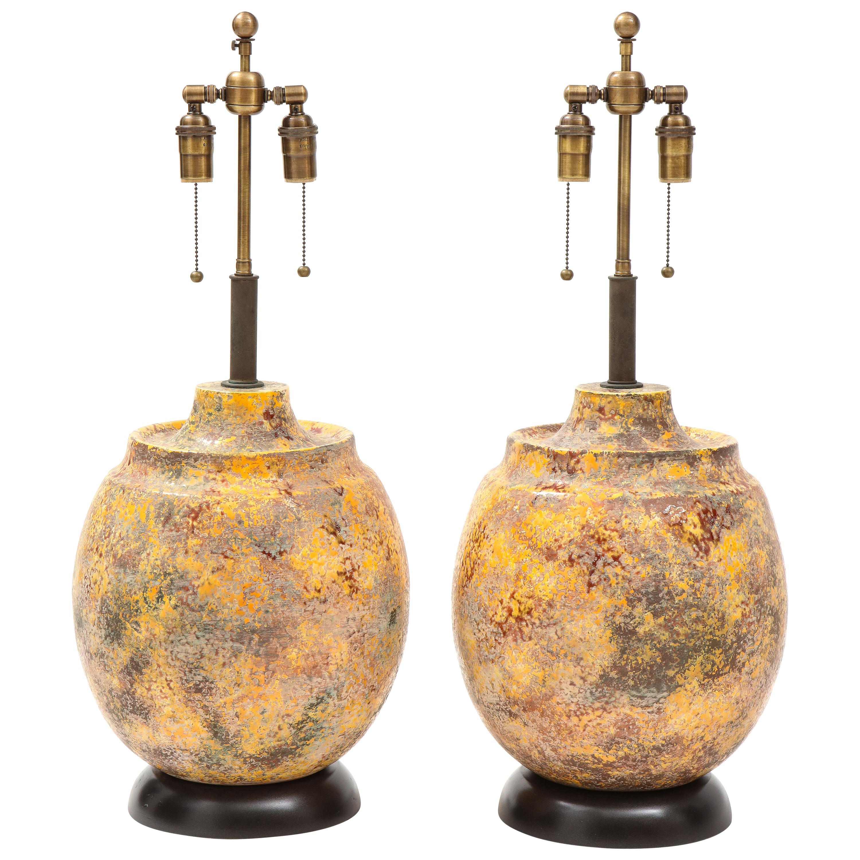 Pair of Large Italian Ceramic Lamps with a "Scavo" Glazed Finish For Sale