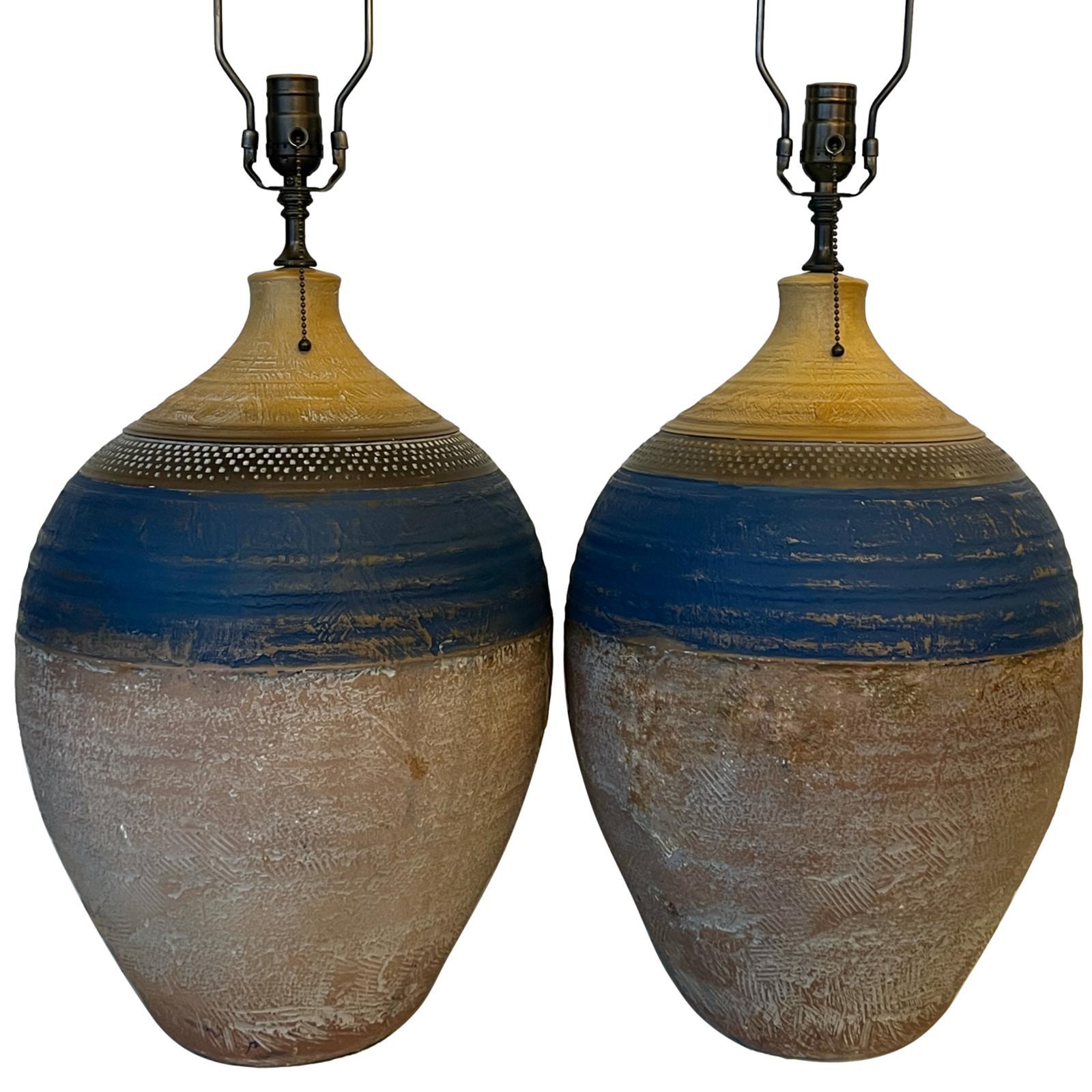 Glazed Pair of Large Italian Midcentury Ceramic Table Lamps For Sale
