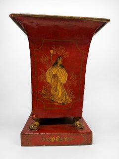 Pair of Large Italian Chinoiserie Decorated Red Tole Neoclassical Planters
