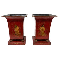 Pair of Large Italian Chinoiserie Decorated Red Tole Neoclassical Planters