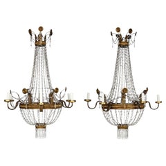 Pair of Large Italian Empire Crystal and Gilt Tole Chandeliers