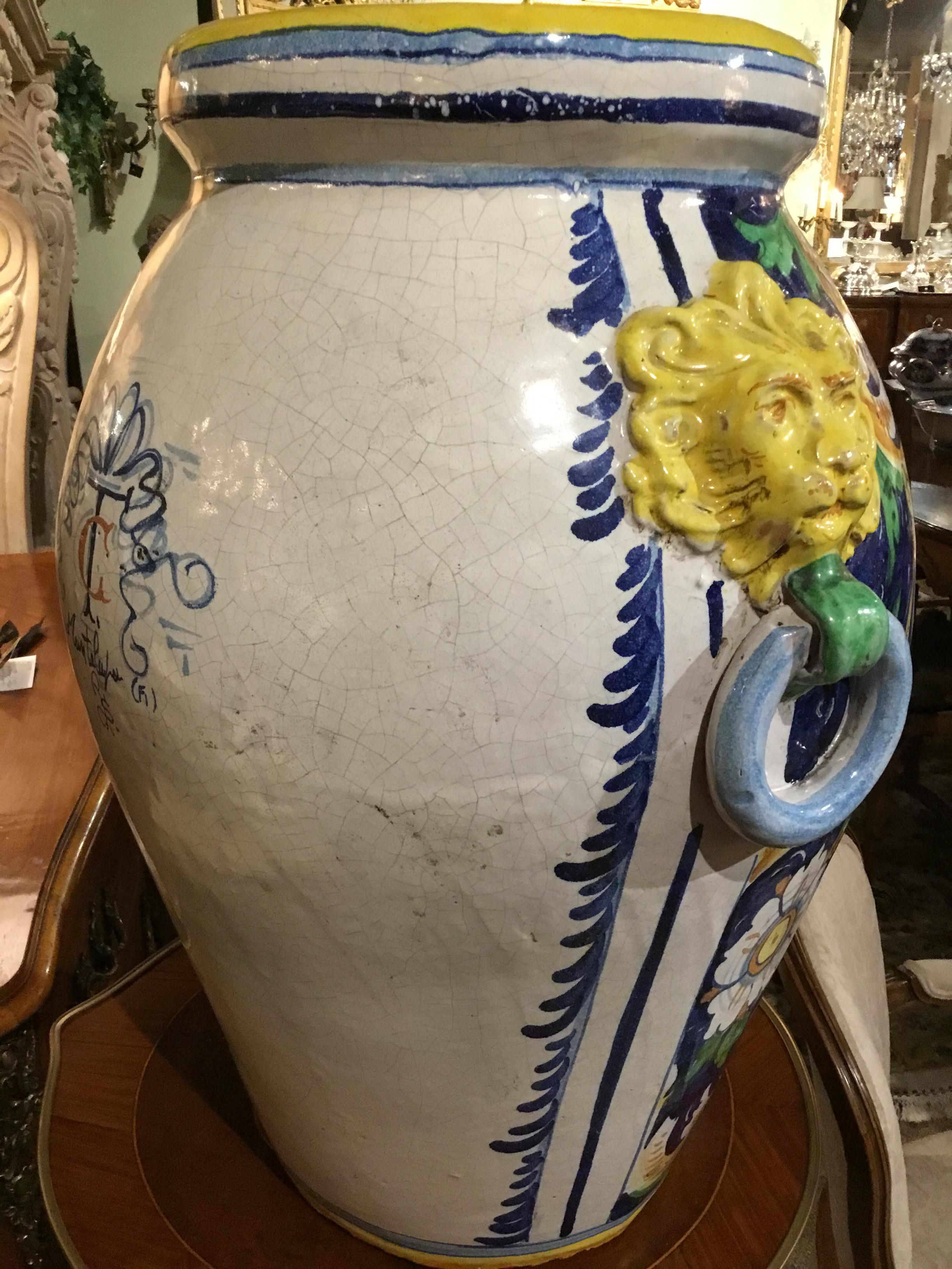 Pair of Large Italian Faience Urns/Vases, Renaissance Style, 19th Century In Good Condition In Houston, TX