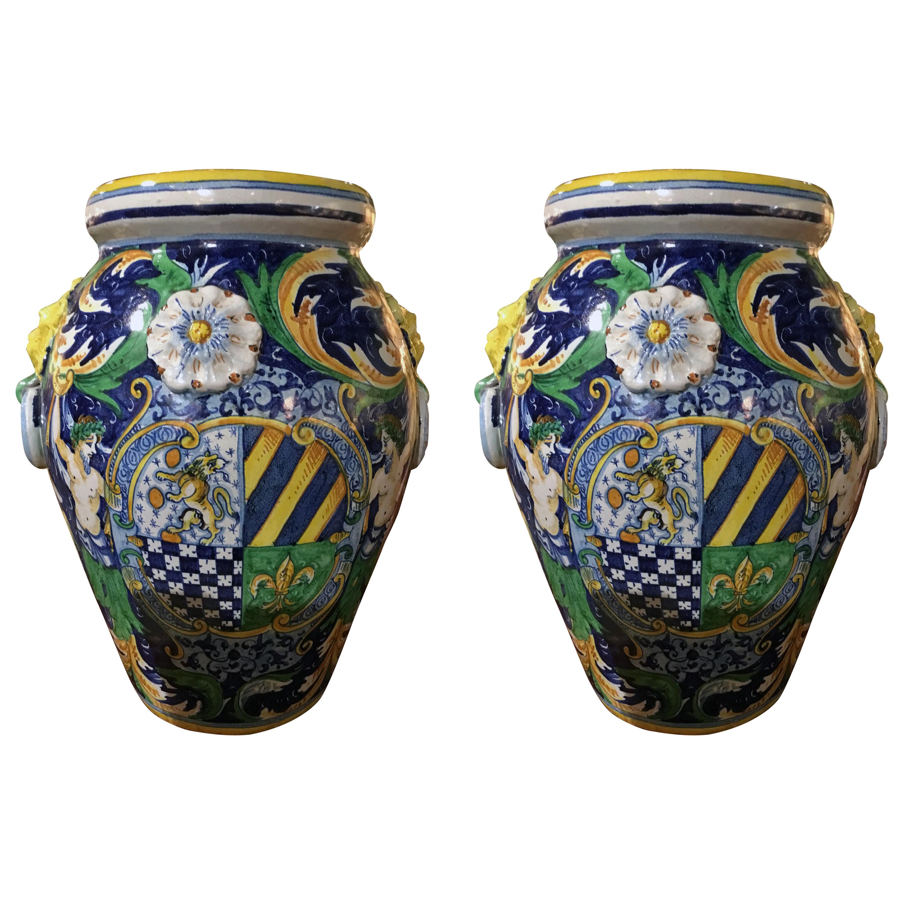 Pair of Large Italian Faience Urns/Vases, Renaissance Style, 19th Century