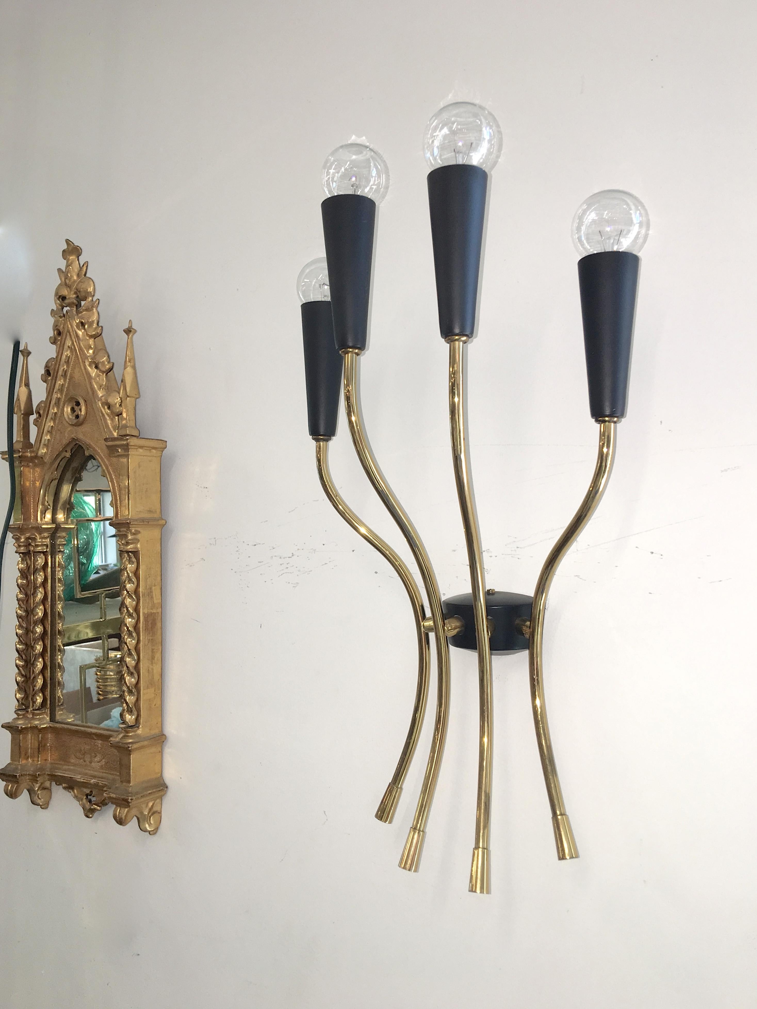 Enameled Pair of Large Italian Four Arm Brass Sconces Style of Stilnovo, Milano For Sale