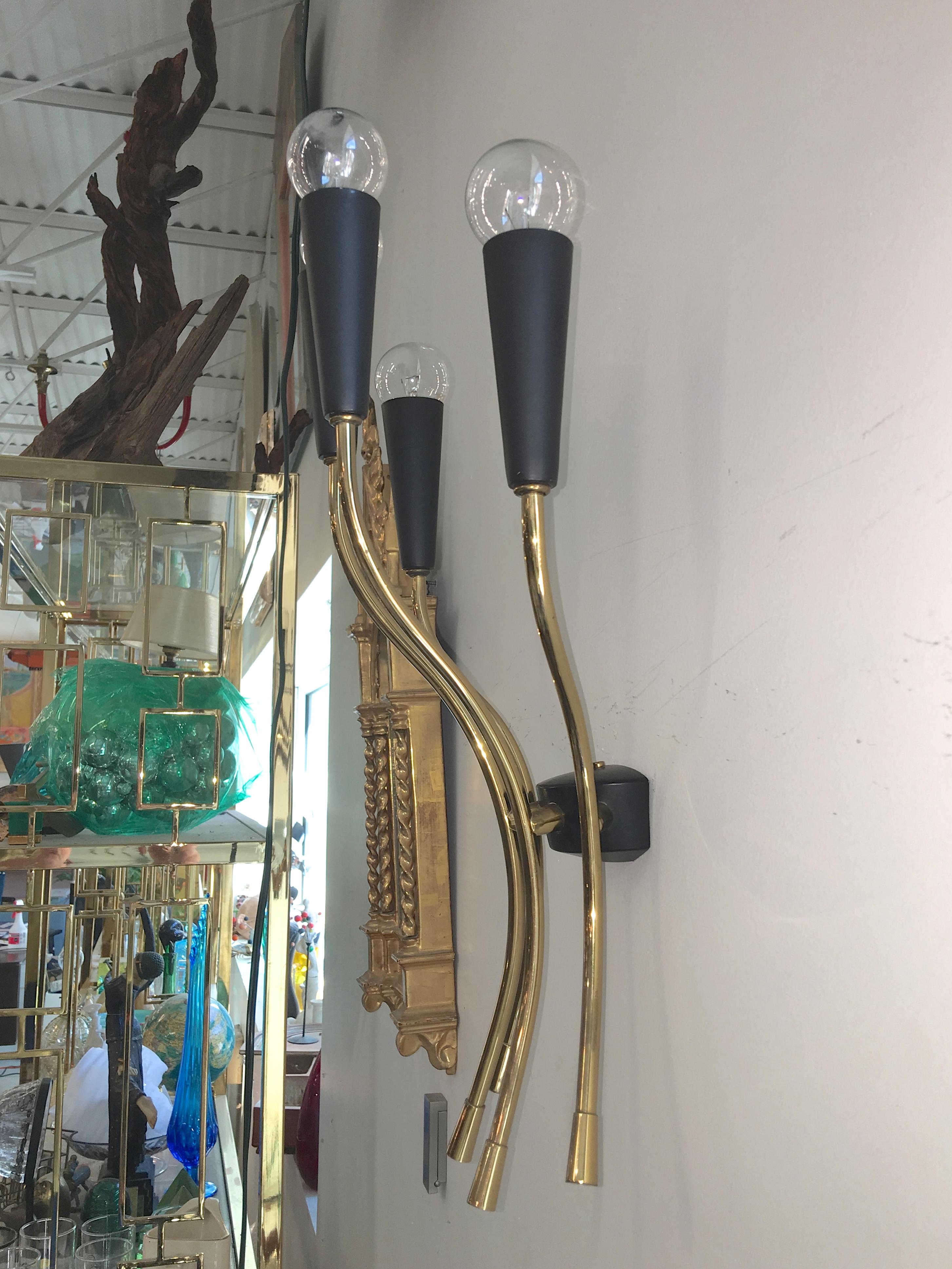 Pair of Large Italian Four Arm Brass Sconces Style of Stilnovo, Milano In Good Condition For Sale In Hanover, MA