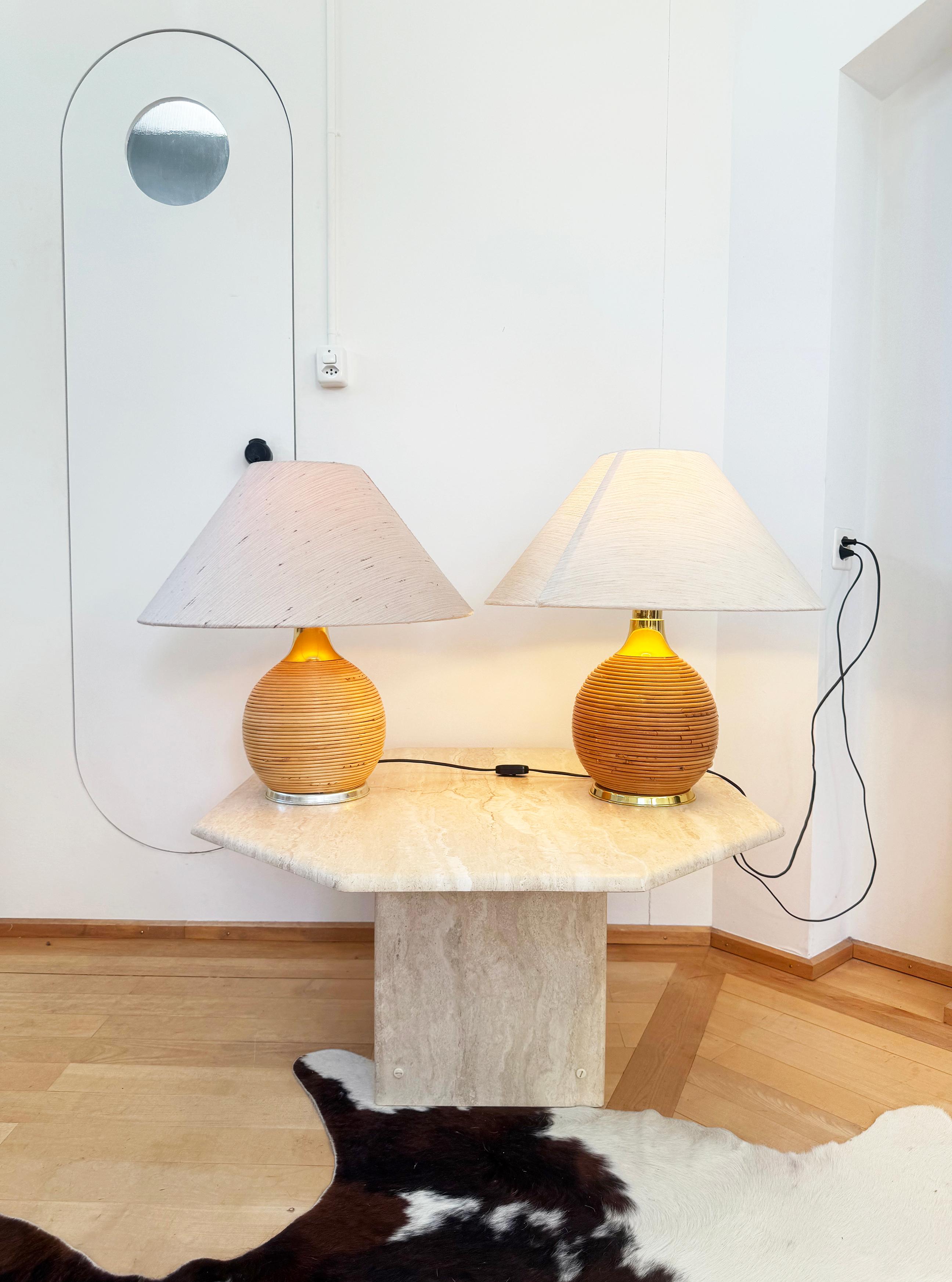 PAIR of 1970s Original Linen Lampshade and Mid-Century Modern Rattan Pencil Reed Table Lamps
RARE opportunity for a pair! These would look incredible as bedside lamps, or accent lamps for any space. 

This pair of Italian 1970s Pencil Reed Rattan