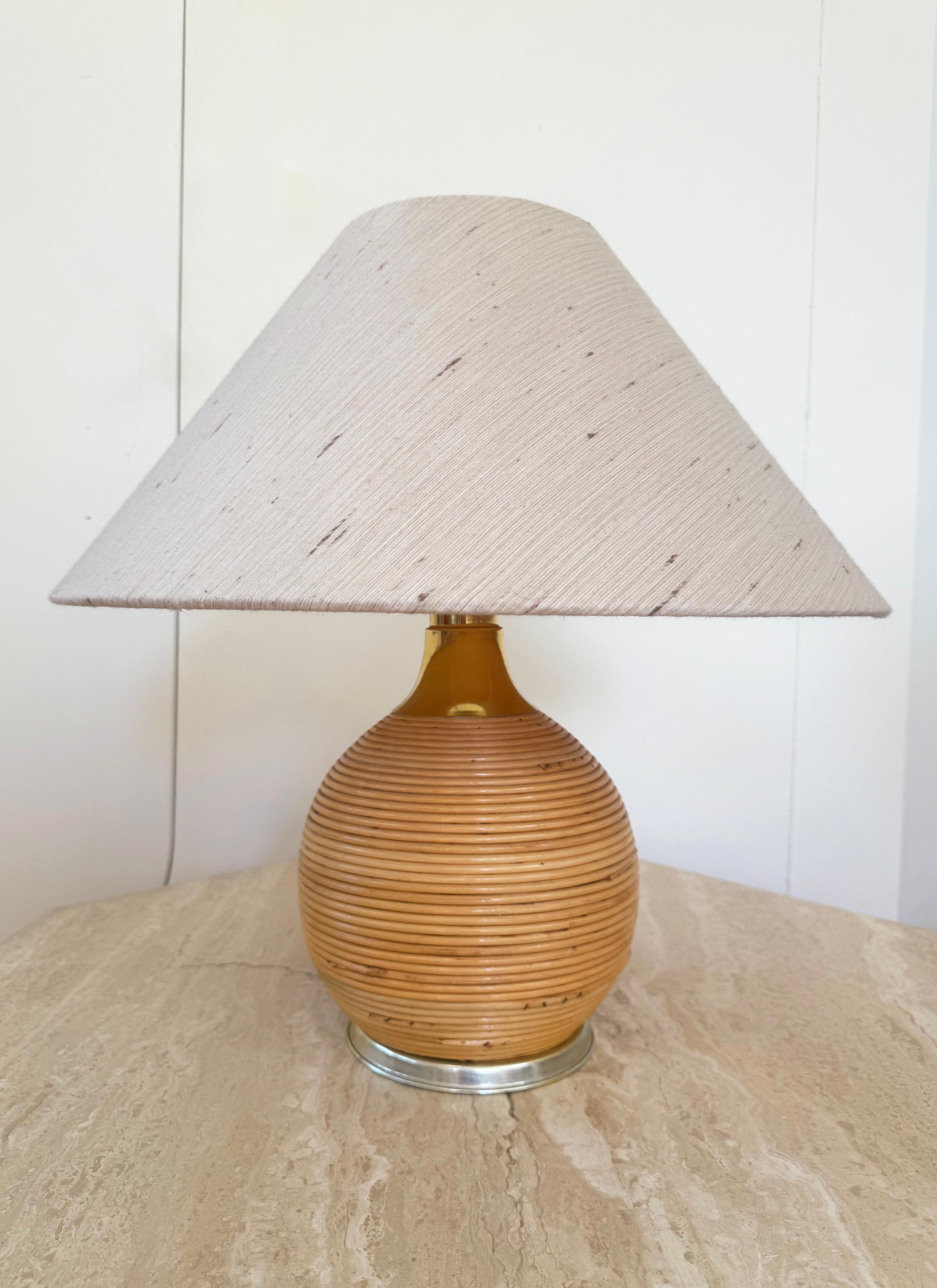 Mid-Century Modern PAIR of Large Italian Rattan and Brass Ball Table Lamps, 1970s