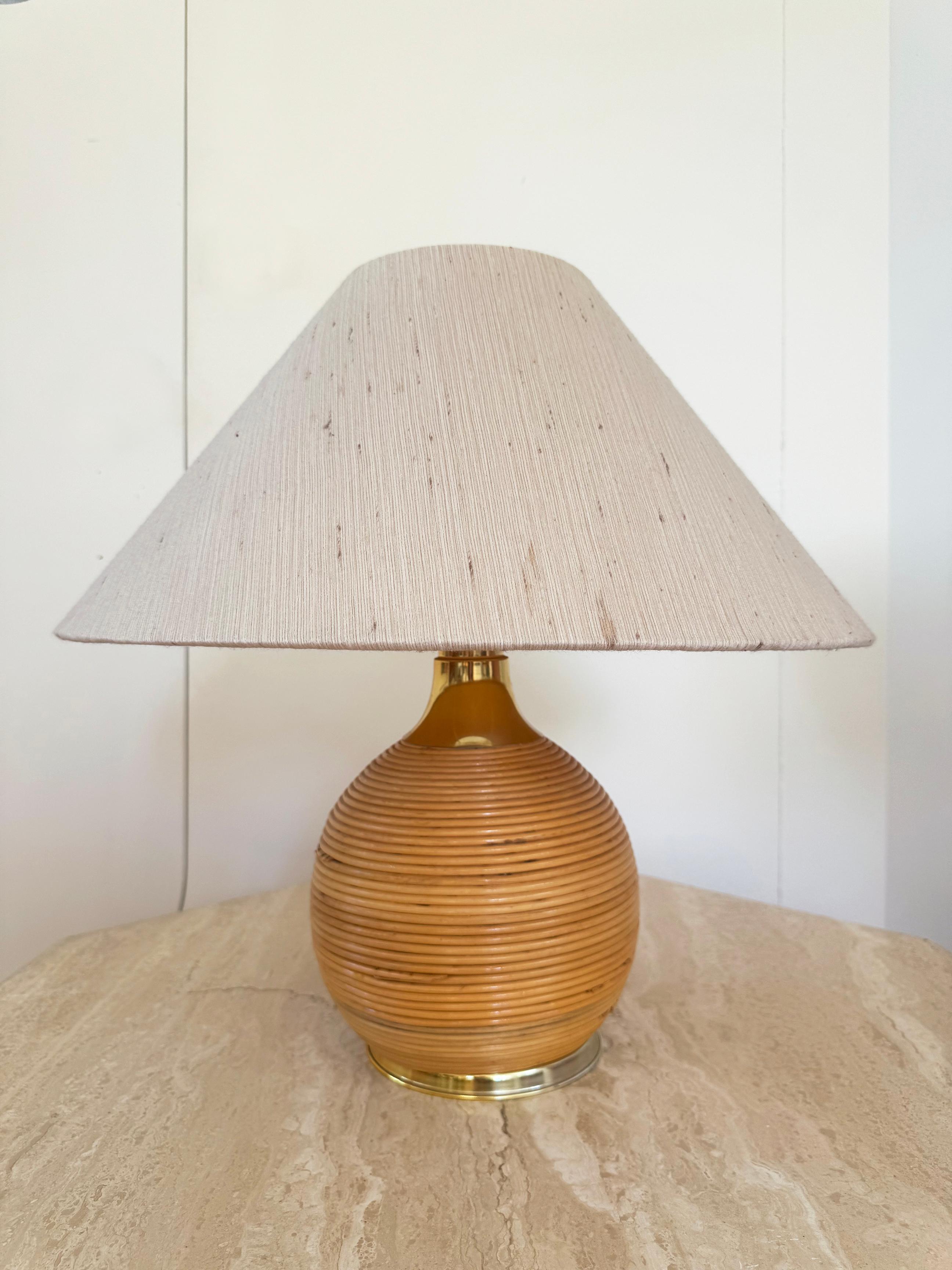 PAIR of Large Italian Rattan and Brass Ball Table Lamps, 1970s In Excellent Condition In Basel, BS
