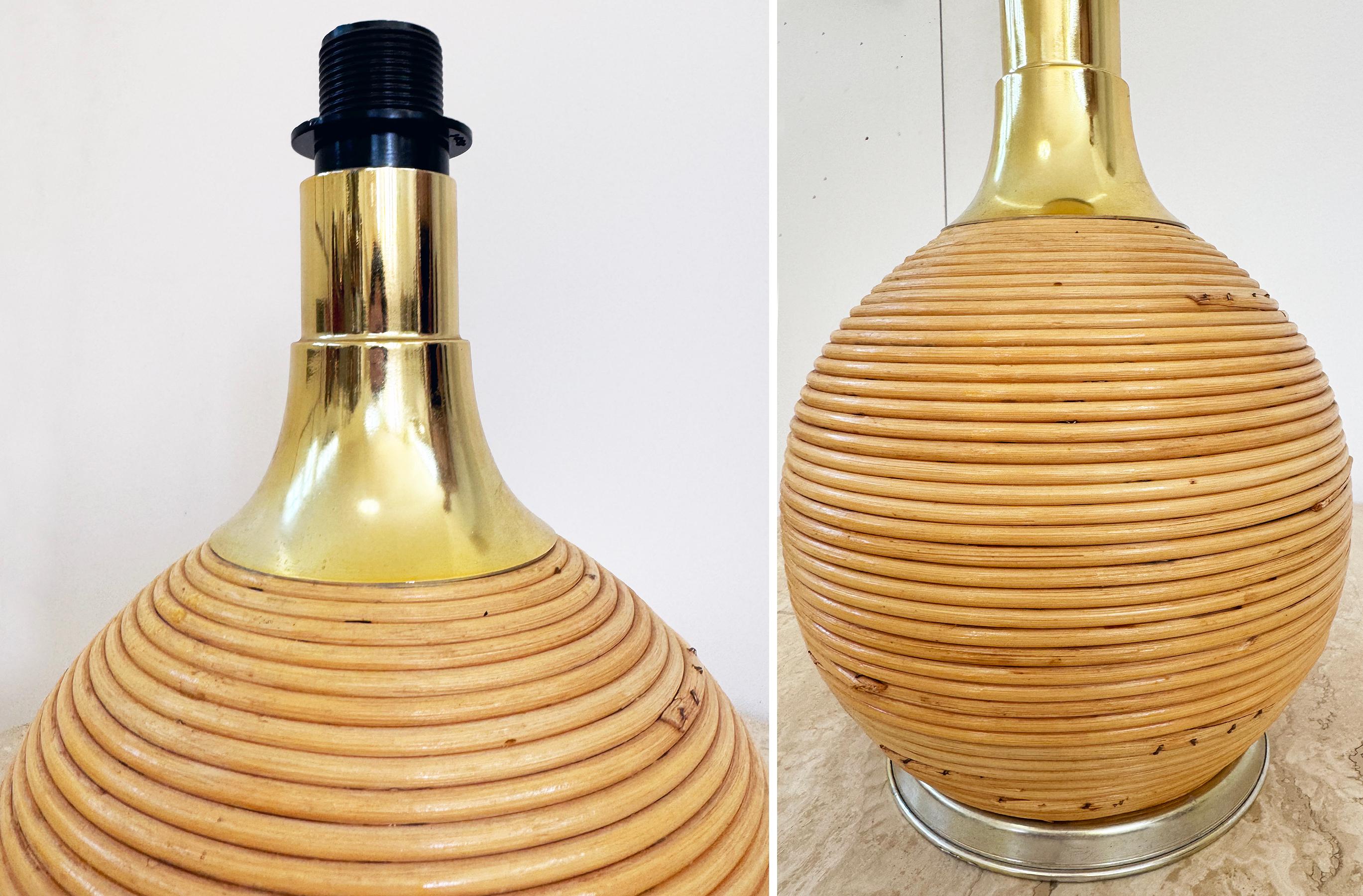 Late 20th Century PAIR of Large Italian Rattan and Brass Ball Table Lamps, 1970s
