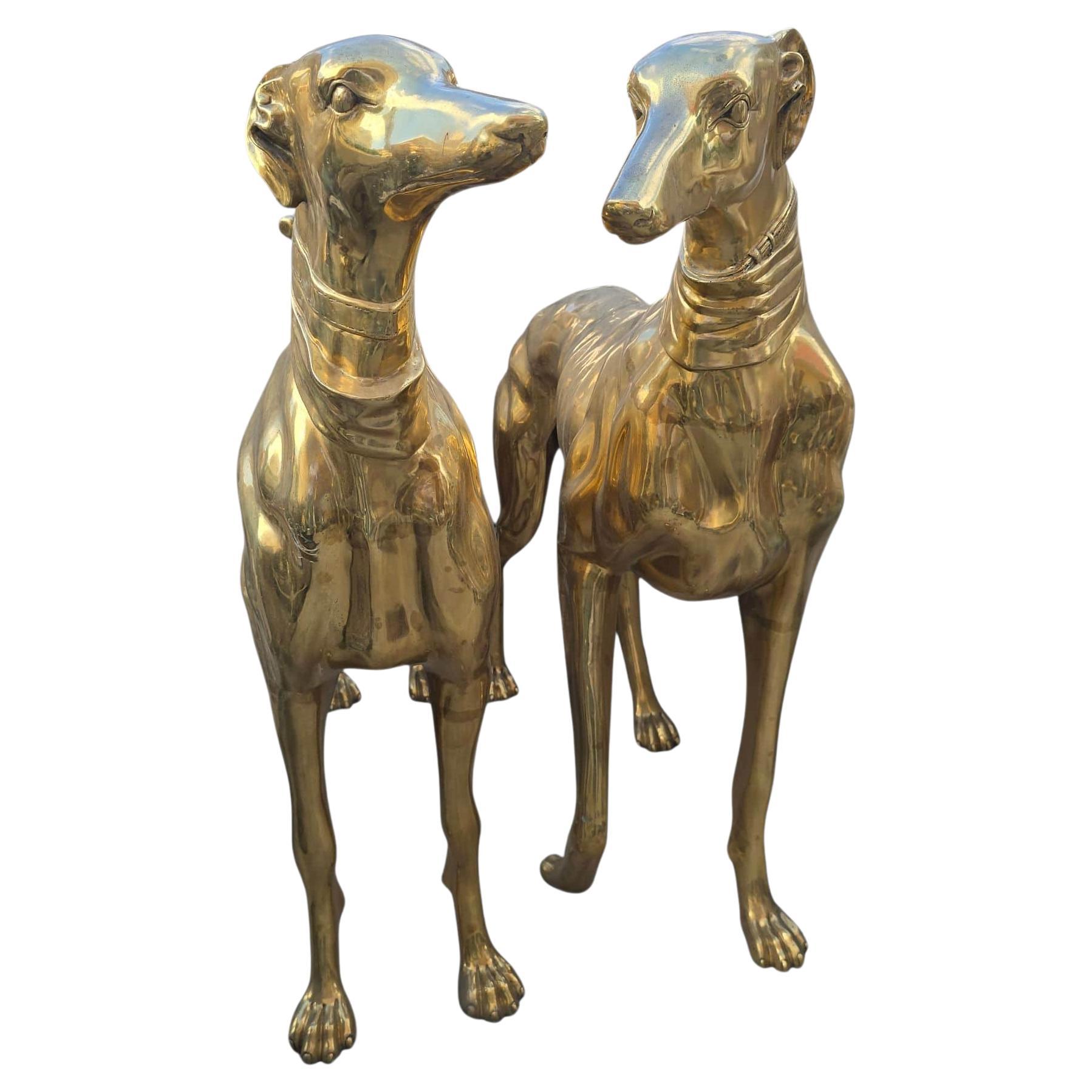 Pair of Large Italian Gilded Bronze Dog Sculptures, 20th Century For Sale