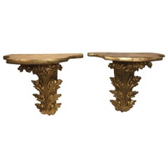 Pair of Large Italian Gilded Wall Brackets with Leaves Decorations, 20th Century
