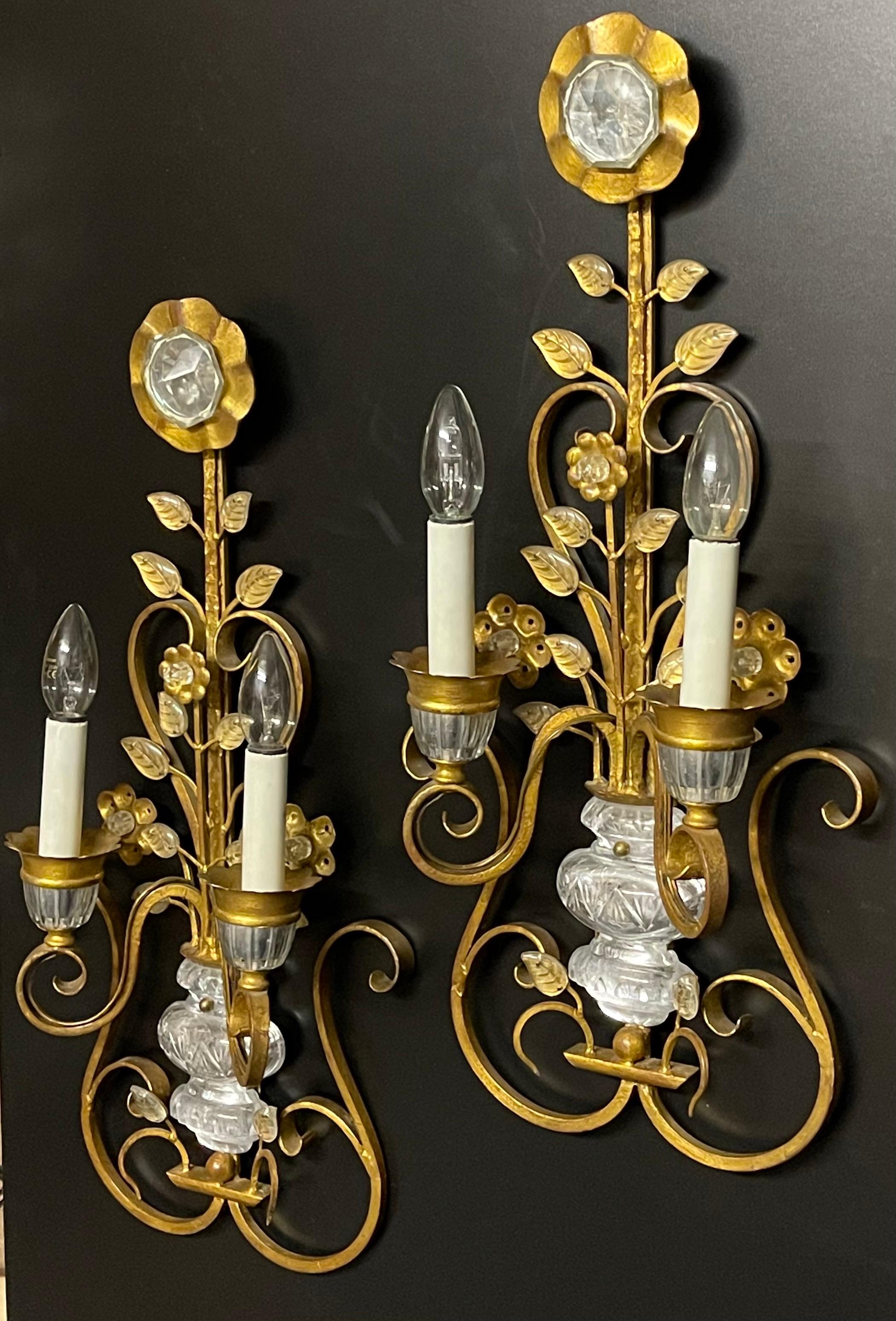 A wonderful pair of large gilt iron and crystal wall sconces by G.Banci, Italy, circa 1970s.
Socket: Each two x (E14) for standard screw bulbs.


 